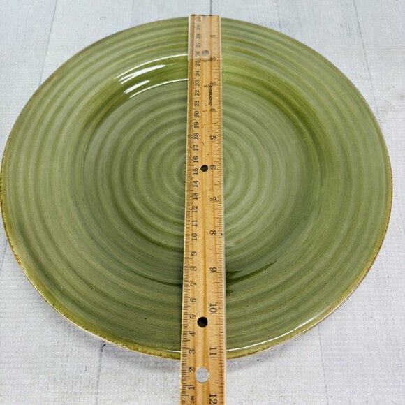 Tabletops RUSTICO OLIVE Green Hand Painted Swirl Stoneware Dinner Plates Set 2 - Picture 7 of 15